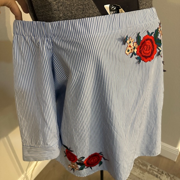 Blue and white striped with rose appliqué off shoulder shirt. - Picture 2 of 3